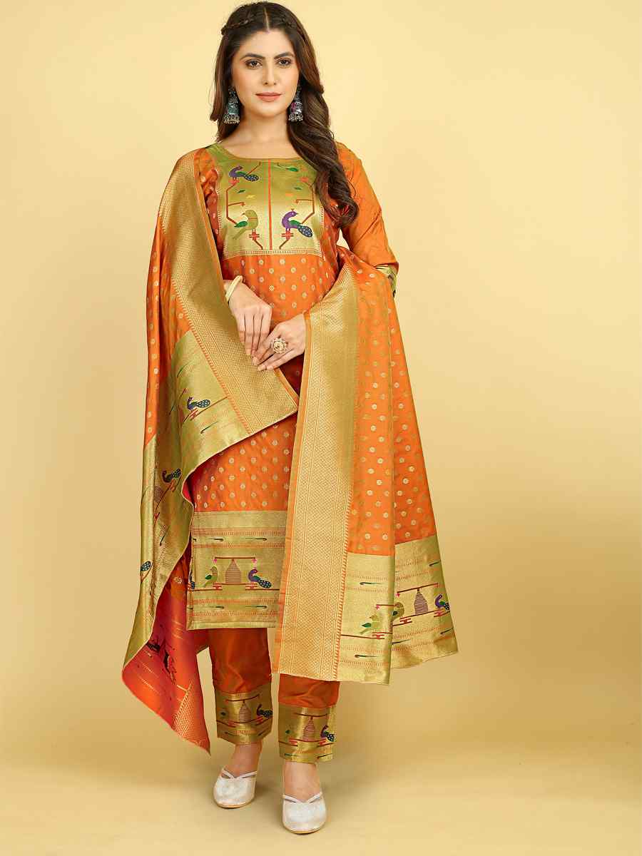 Orange Soft Silk Handwoven Casual Festival Pant Salwar Kameez