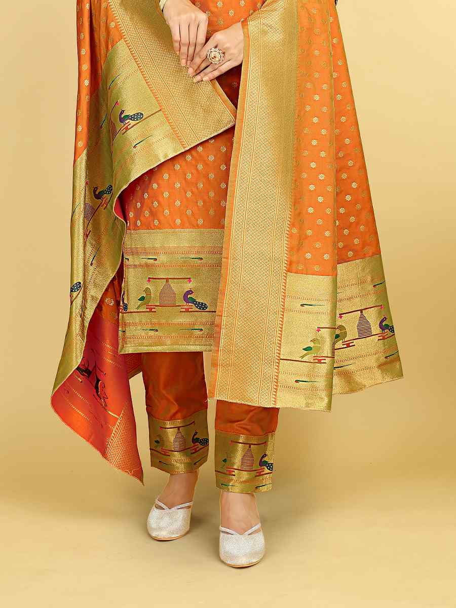 Orange Soft Silk Handwoven Casual Festival Pant Salwar Kameez