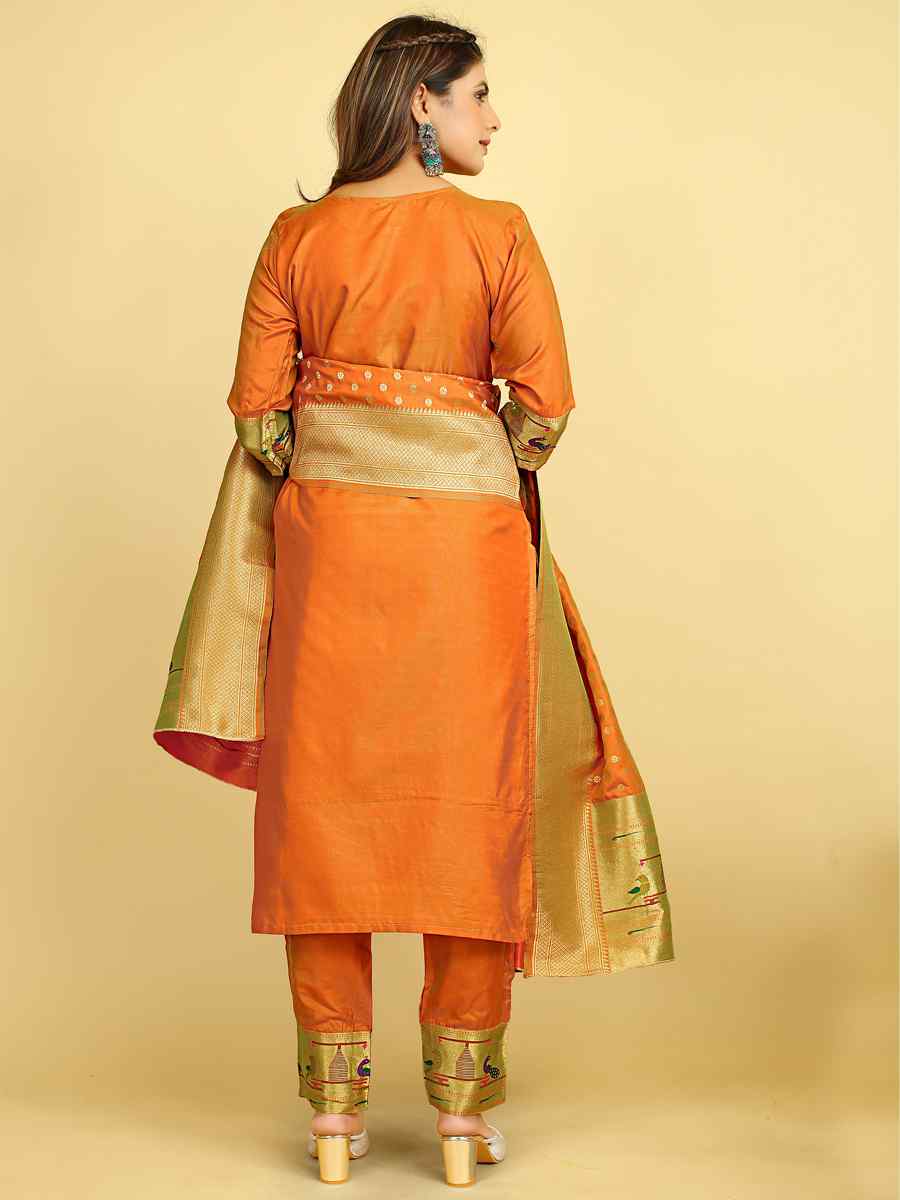 Orange Soft Silk Handwoven Casual Festival Pant Salwar Kameez