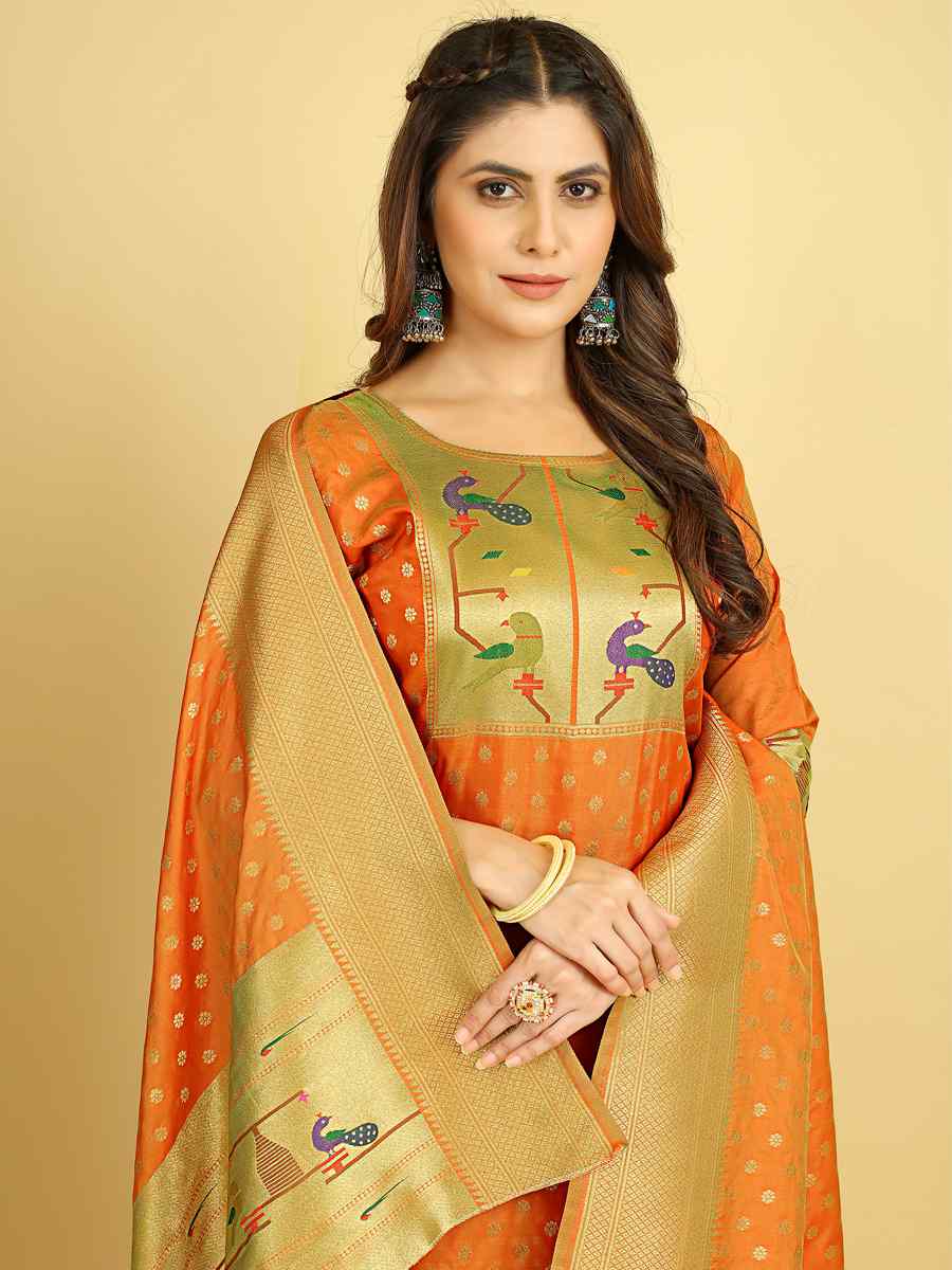 Orange Soft Silk Handwoven Casual Festival Pant Salwar Kameez