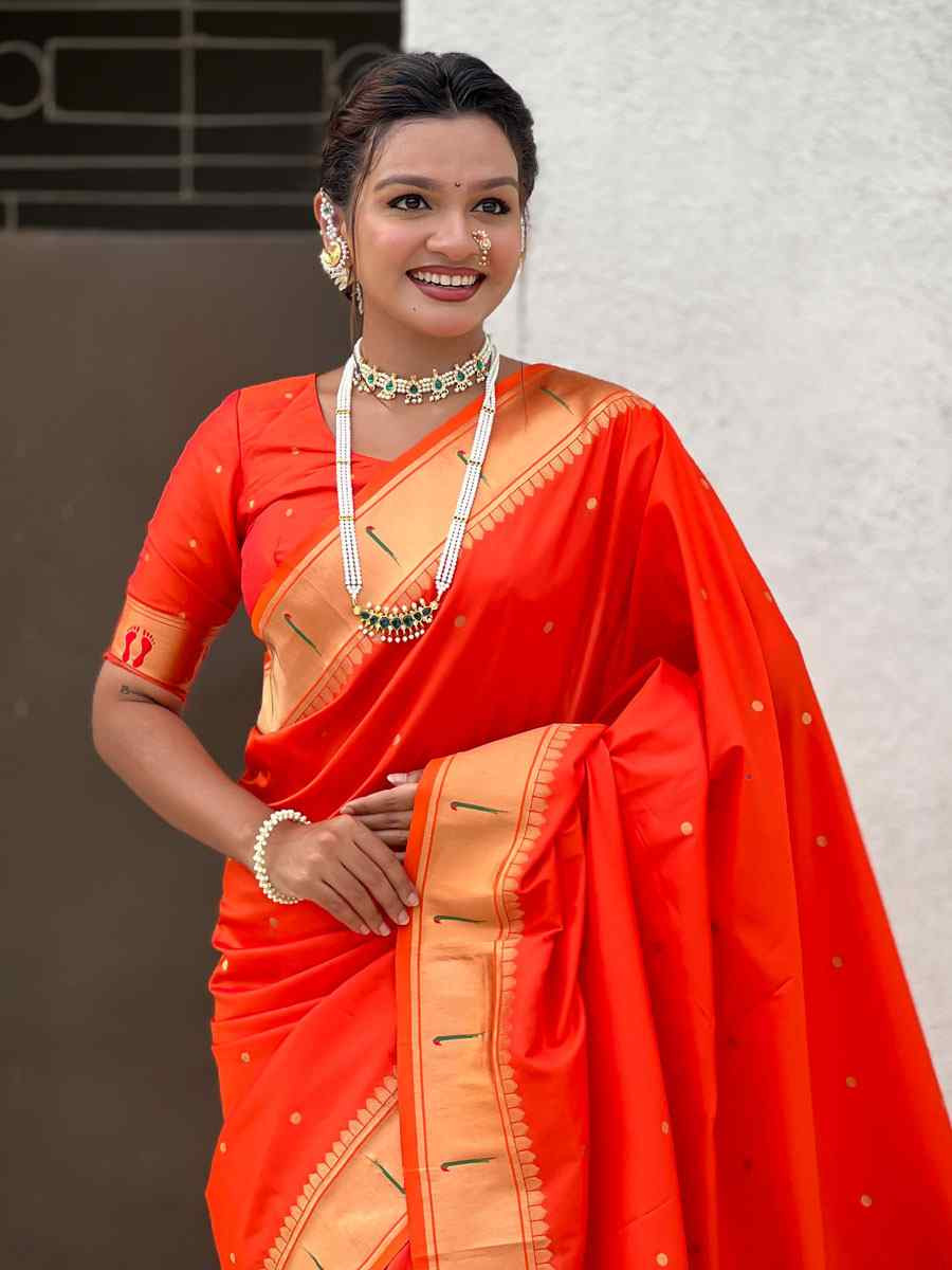 Orange Soft Silk Handwoven Casual Reception Festival Wedding Fancy Classic Style Sarees