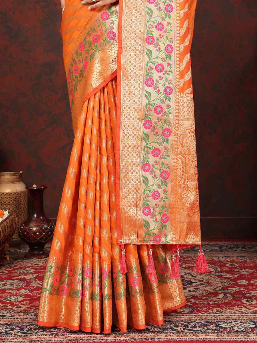 Orange Soft Silk Handwoven Festival Casual Heavy Border Saree