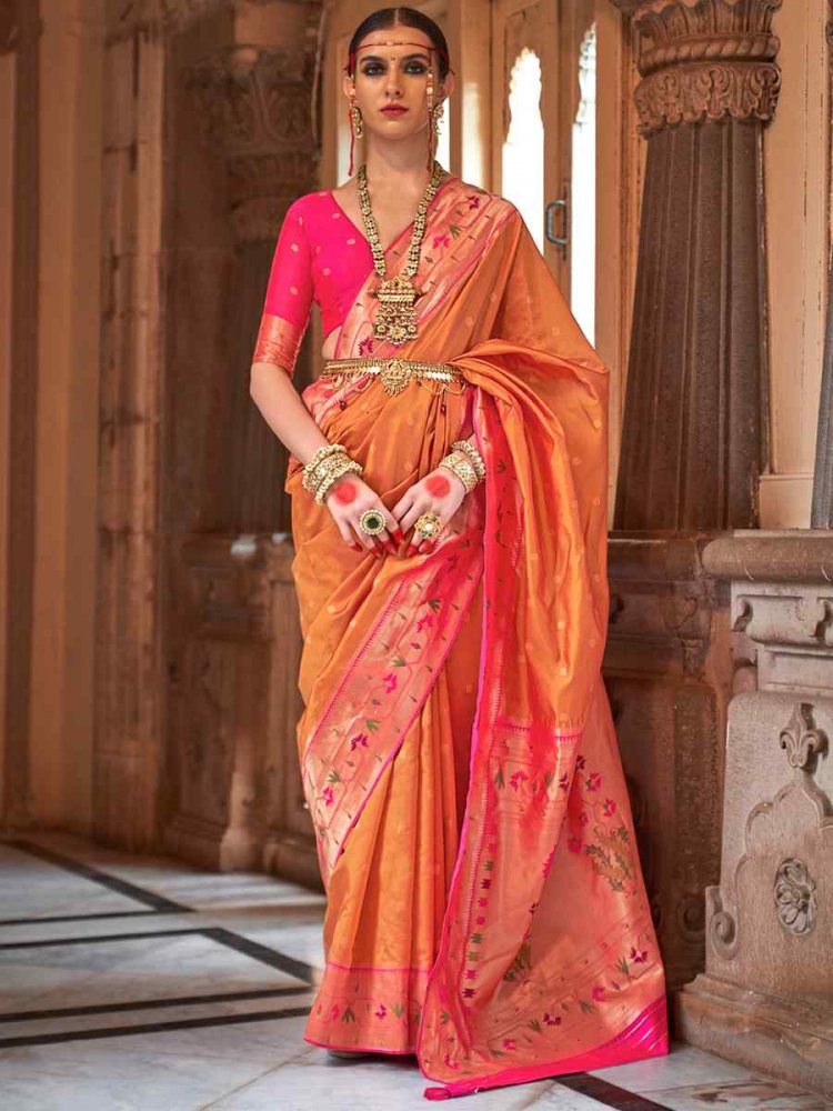 Orange Soft Silk Handwoven Wedding Bridal Heavy Border Saree