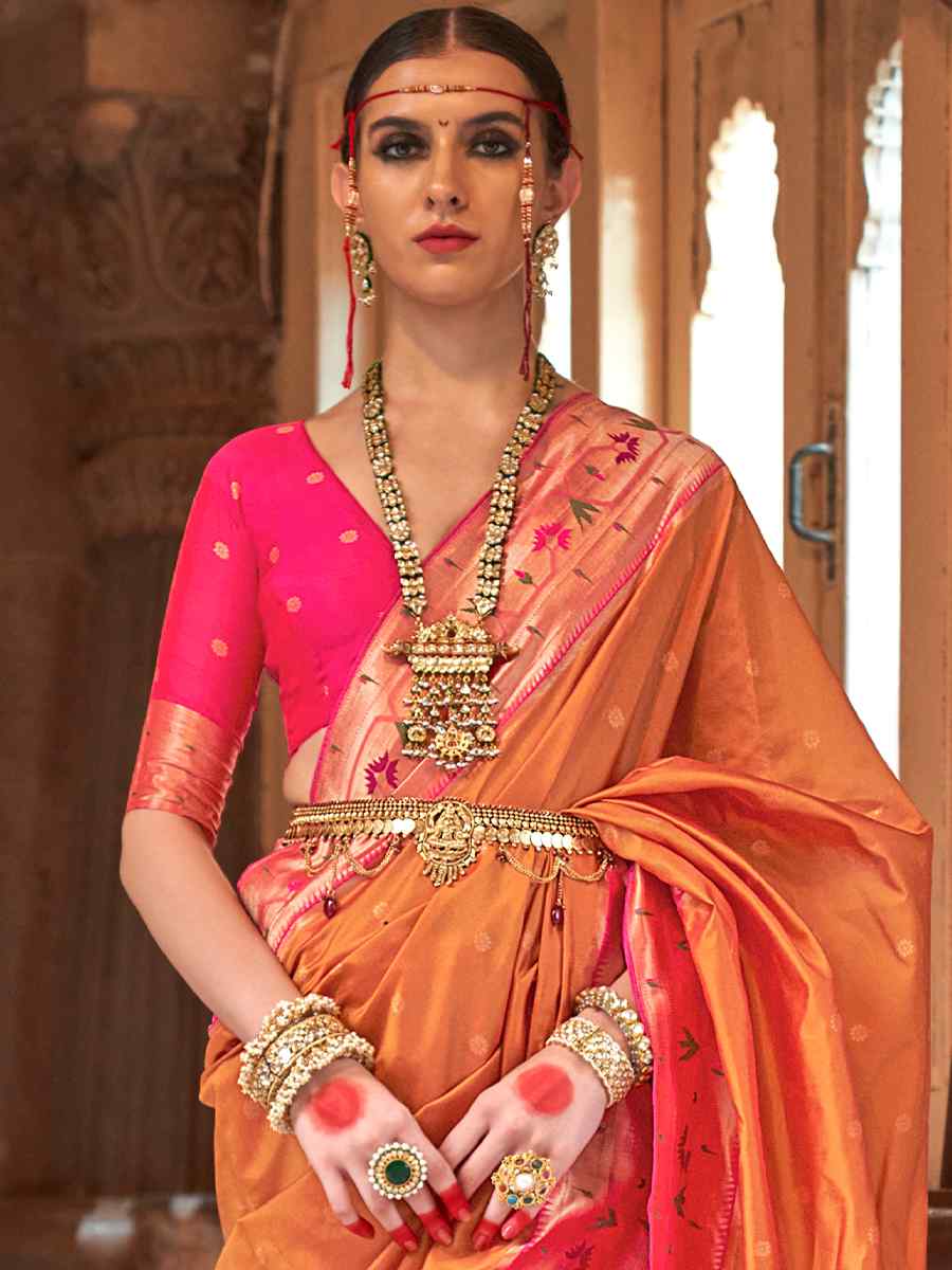 Orange Soft Silk Handwoven Wedding Bridal Heavy Border Saree