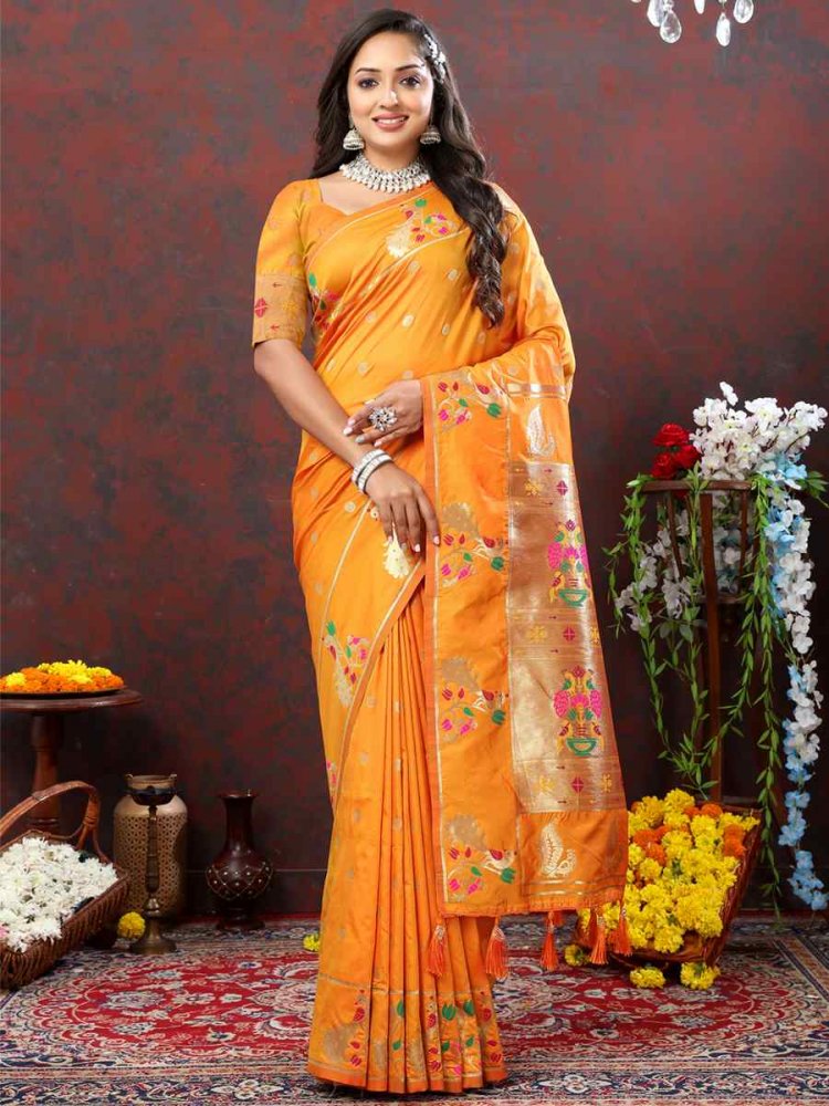Orange Soft Silk Handwoven Wedding Festival Heavy Border Saree