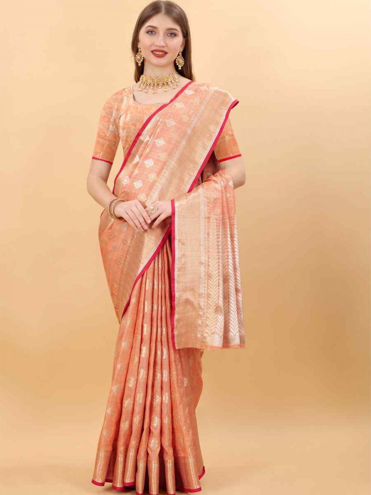 Orange Soft Silk Handwoven Wedding Festival Heavy Border Saree