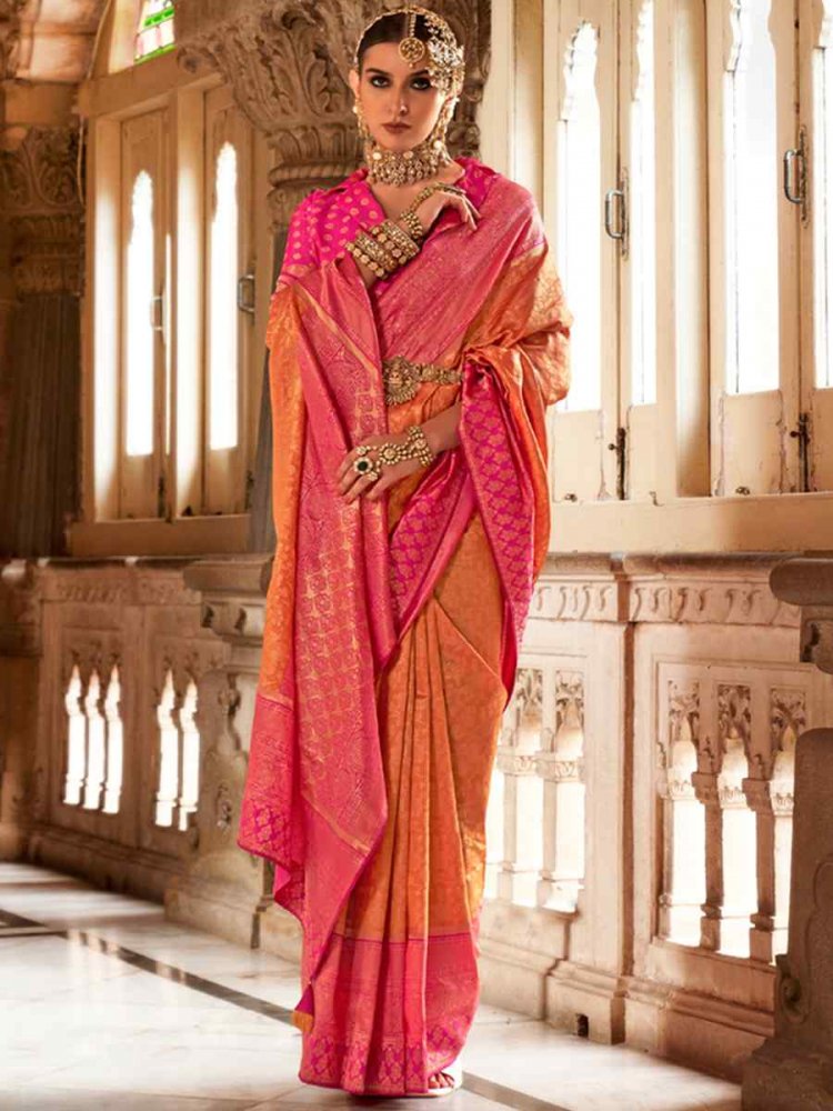 Orange Soft Silk Handwoven Wedding Festival Heavy Border Saree