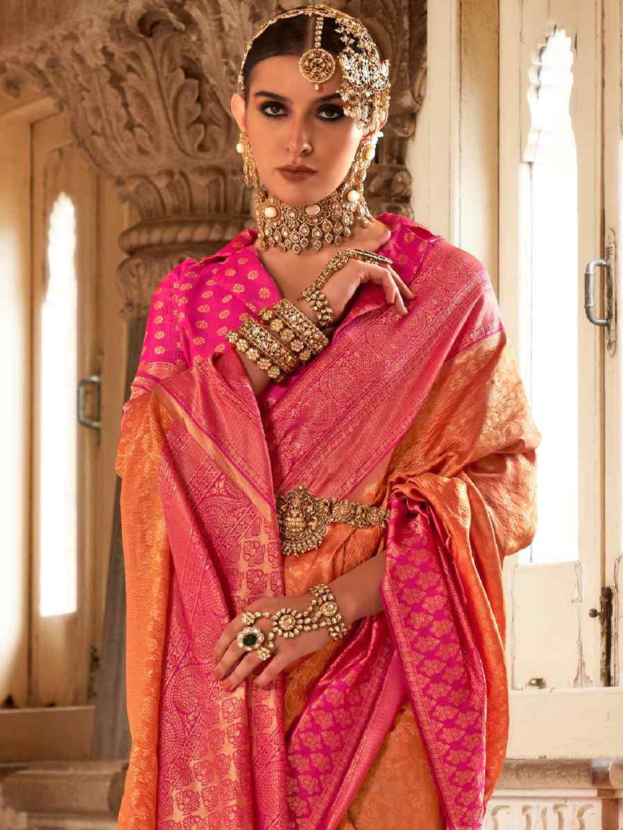 Orange Soft Silk Handwoven Wedding Festival Heavy Border Saree