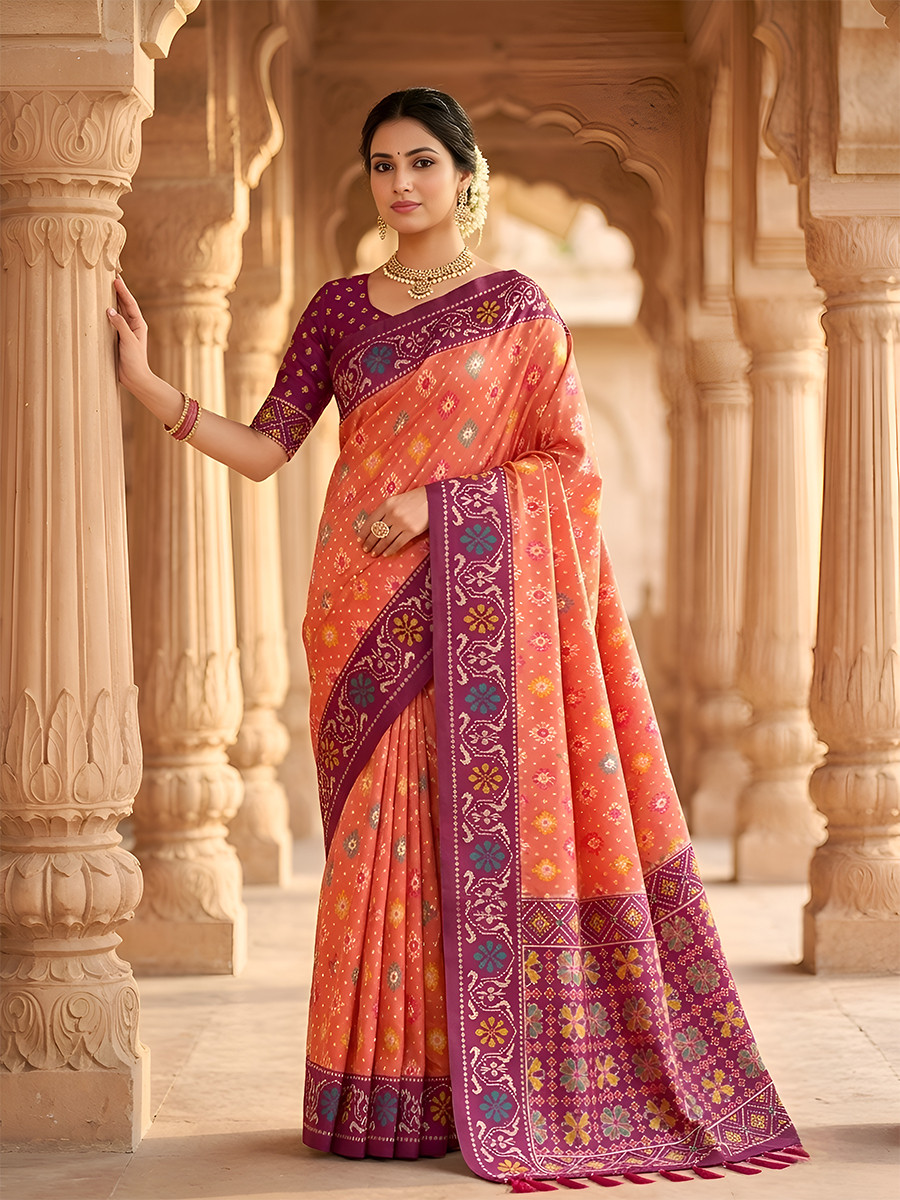 Orange Soft Silk Zari Weawing Meenakari Patola Design Wedding Reception Party Festival Casual Heavy Border Sarees