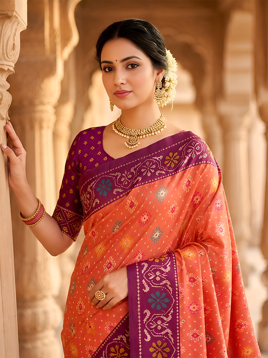 Orange Soft Silk Zari Weawing Meenakari Patola Design Wedding Reception Party Festival Casual Heavy Border Sarees