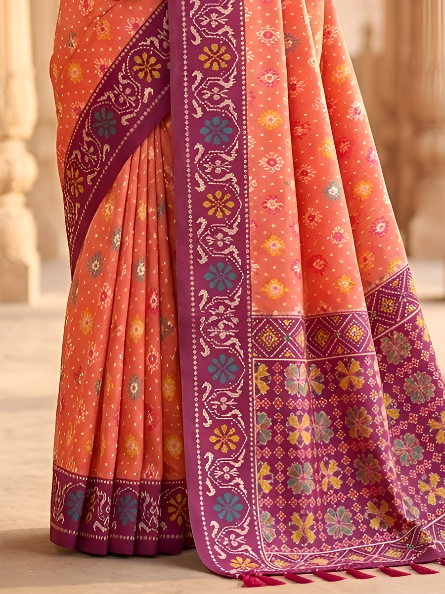 Orange Soft Silk Zari Weawing Meenakari Patola Design Wedding Reception Party Festival Casual Heavy Border Sarees