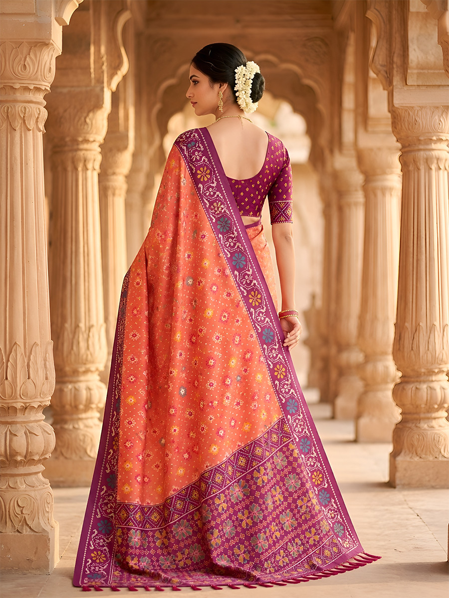 Orange Soft Silk Zari Weawing Meenakari Patola Design Wedding Reception Party Festival Casual Heavy Border Sarees
