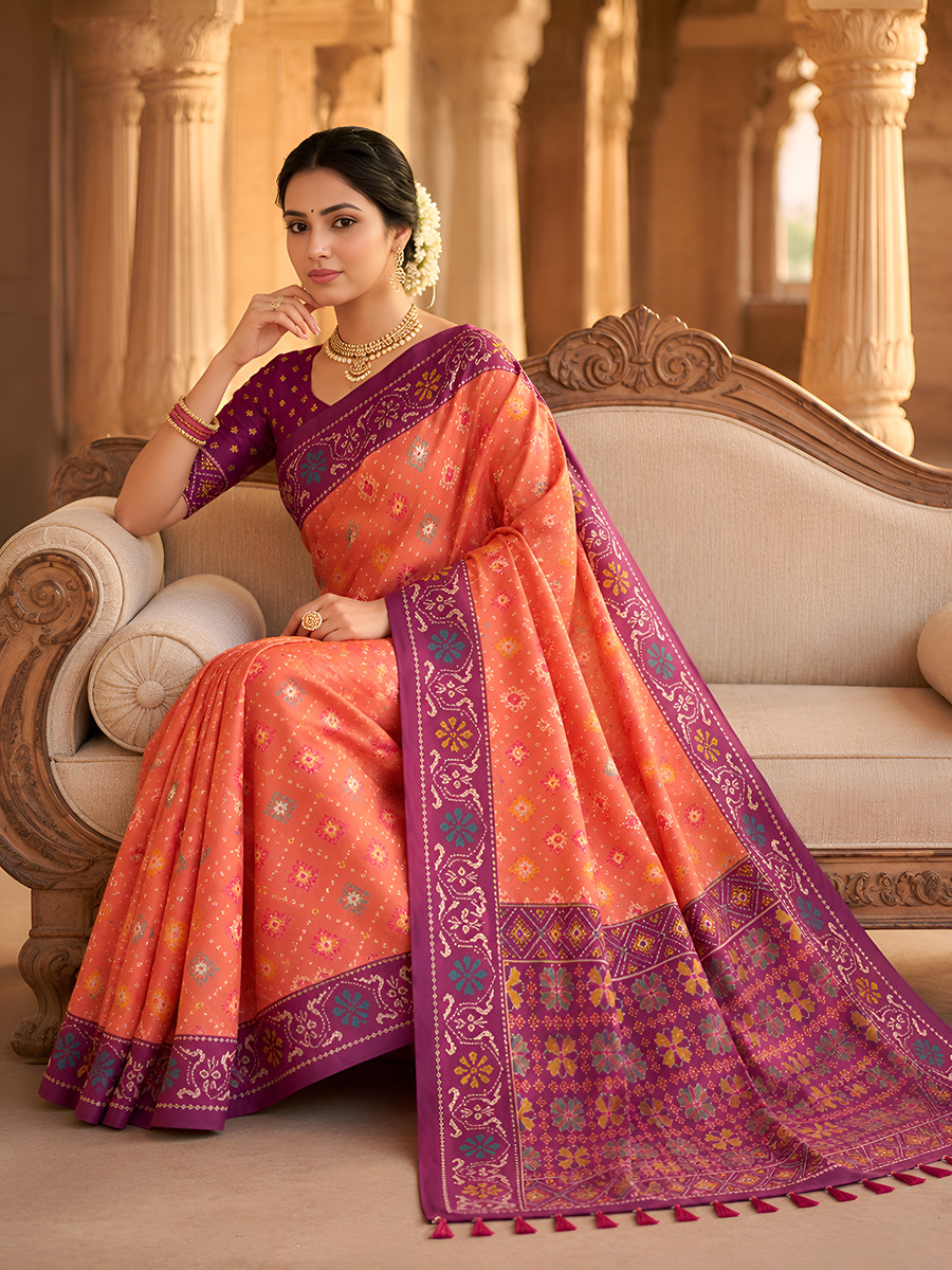 Orange Soft Silk Zari Weawing Meenakari Patola Design Wedding Reception Party Festival Casual Heavy Border Sarees