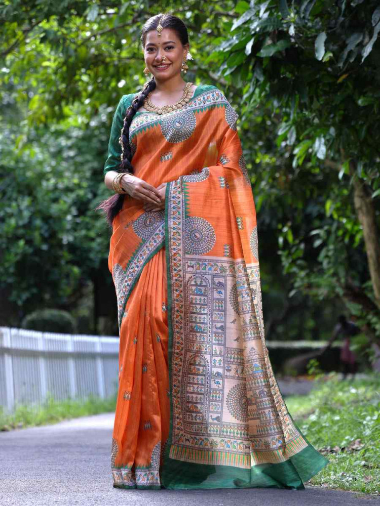 Image of Orange Soft Tussar Silk Printed Casual Reception Festival Wedding Fancy Heavy Border Saree