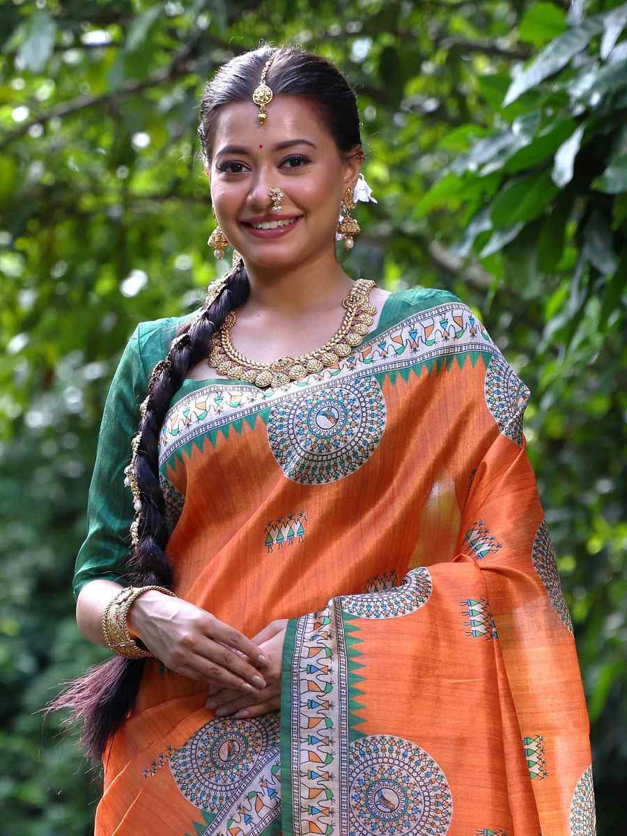 Orange Soft Tussar Silk Printed Casual Reception Festival Wedding Fancy Heavy Border Saree