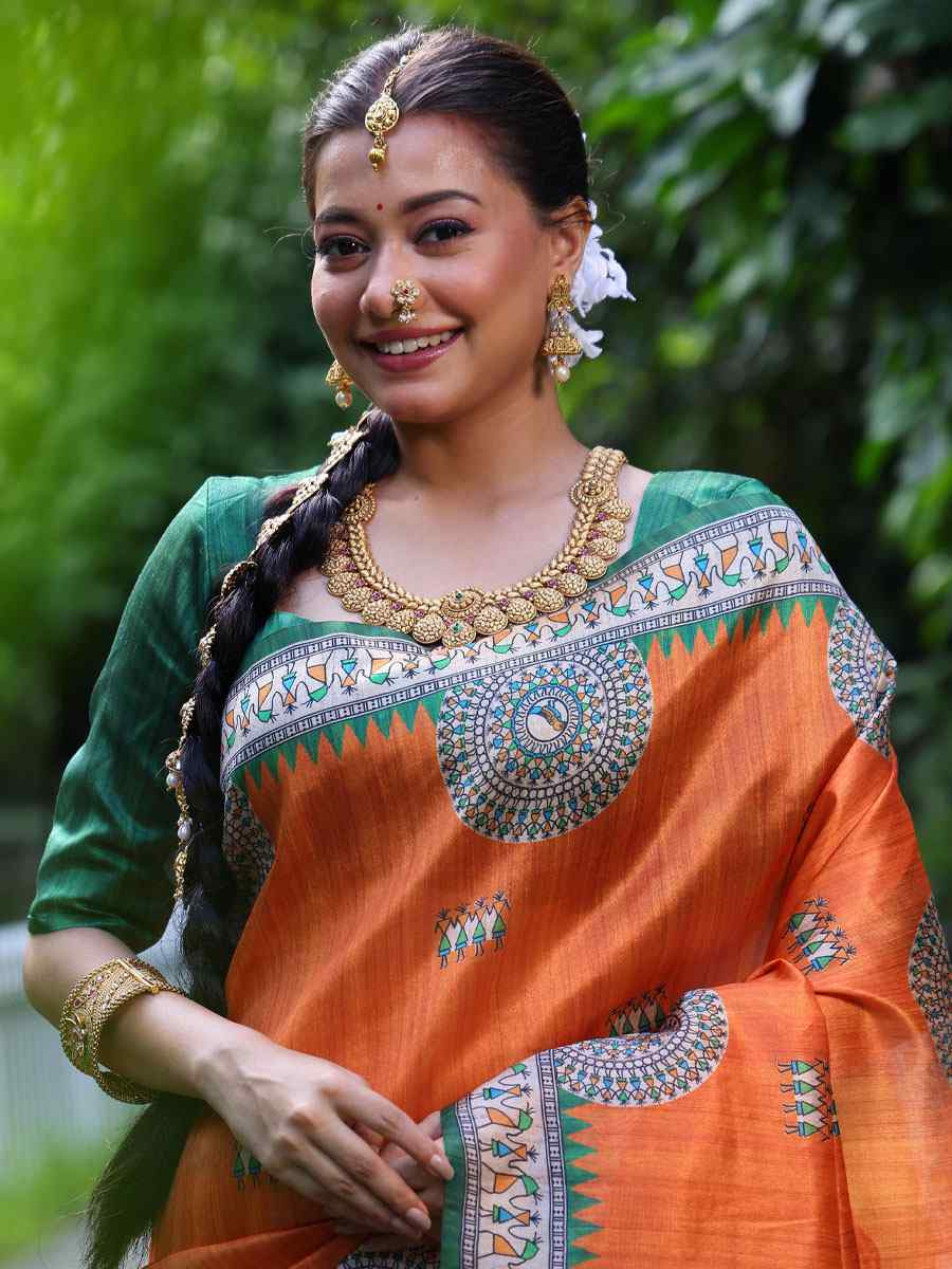 Orange Soft Tussar Silk Printed Casual Reception Festival Wedding Fancy Heavy Border Saree