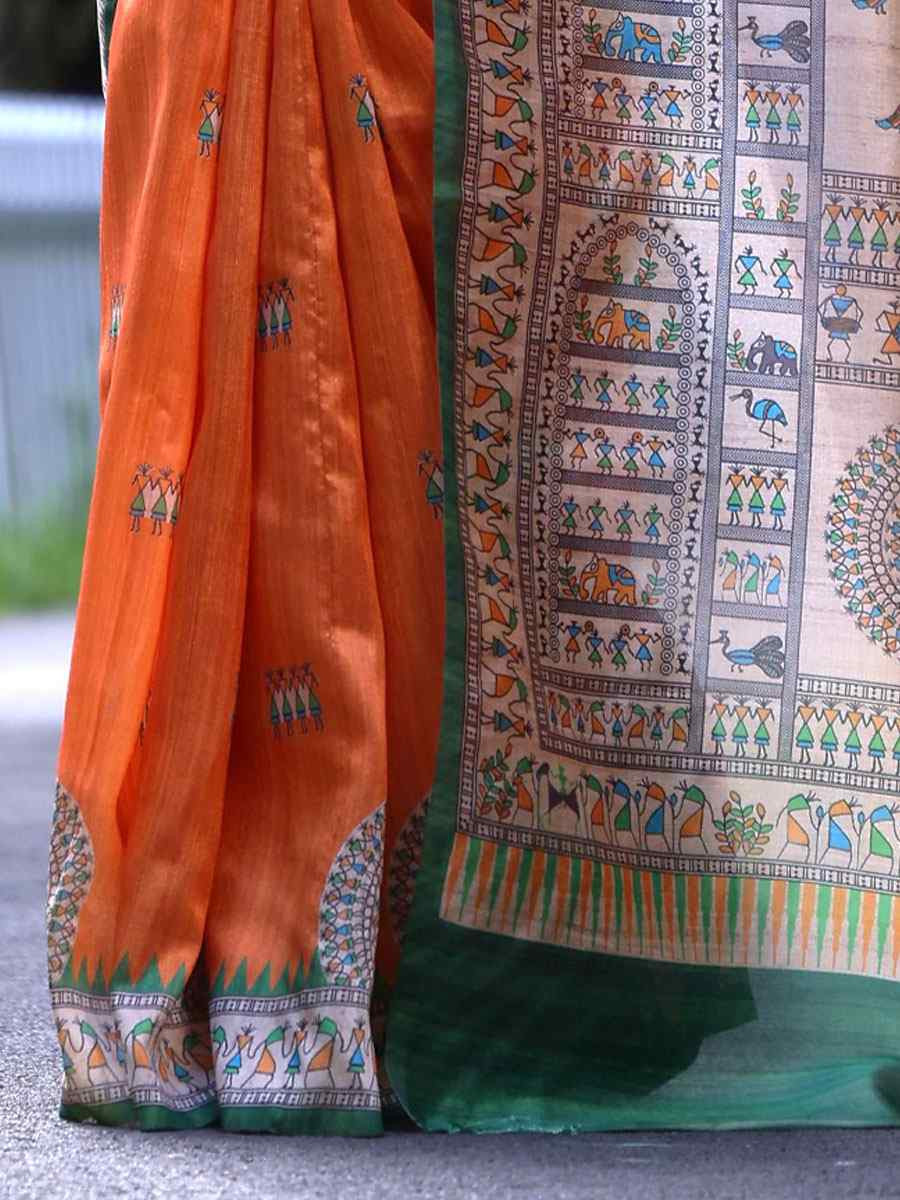 Orange Soft Tussar Silk Printed Casual Reception Festival Wedding Fancy Heavy Border Saree