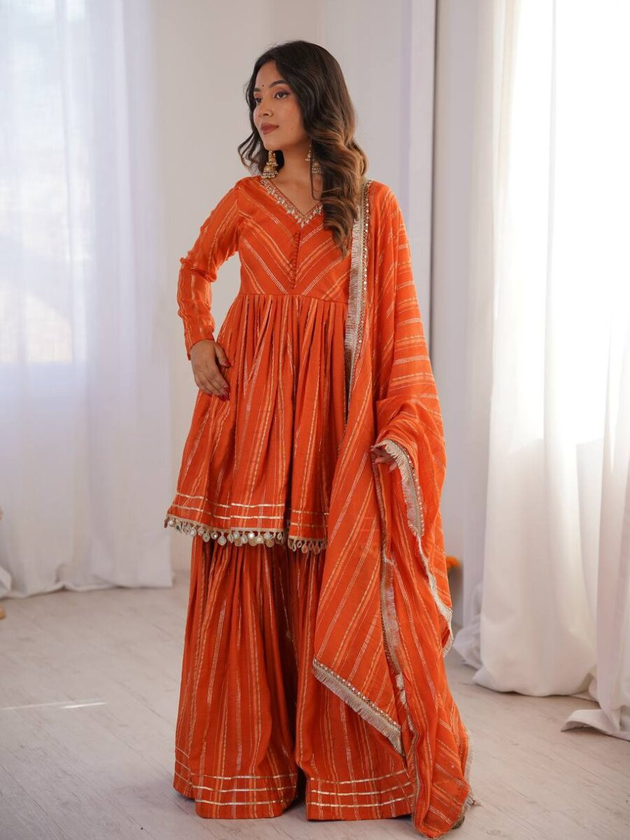 Orange Stone Work Lace Work Handwork Wedding Party Festival Casual Ready Sharara Pant Salwar Kameez