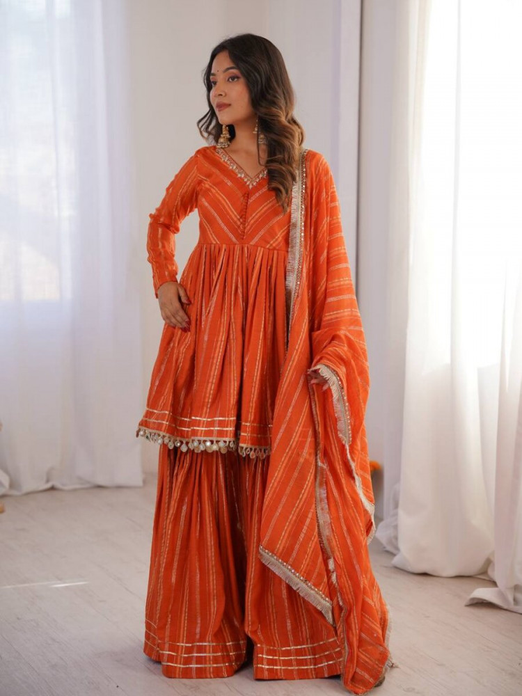 Image of Orange Stone Work Lace Work Handwork Wedding Party Festival Casual Ready Sharara Pant Salwar Kameez