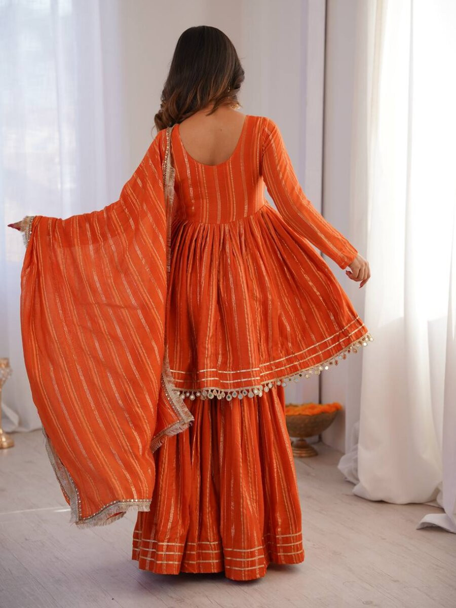 Orange Stone Work Lace Work Handwork Wedding Party Festival Casual Ready Sharara Pant Salwar Kameez