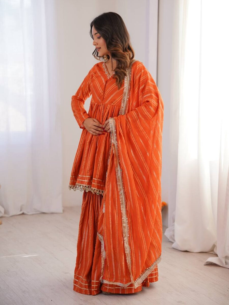 Orange Stone Work Lace Work Handwork Wedding Party Festival Casual Ready Sharara Pant Salwar Kameez