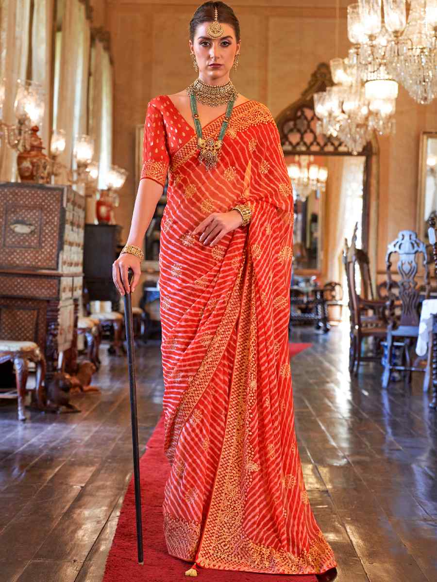 Orange Super Georgette Handwoven Party Festival Heavy Border Saree