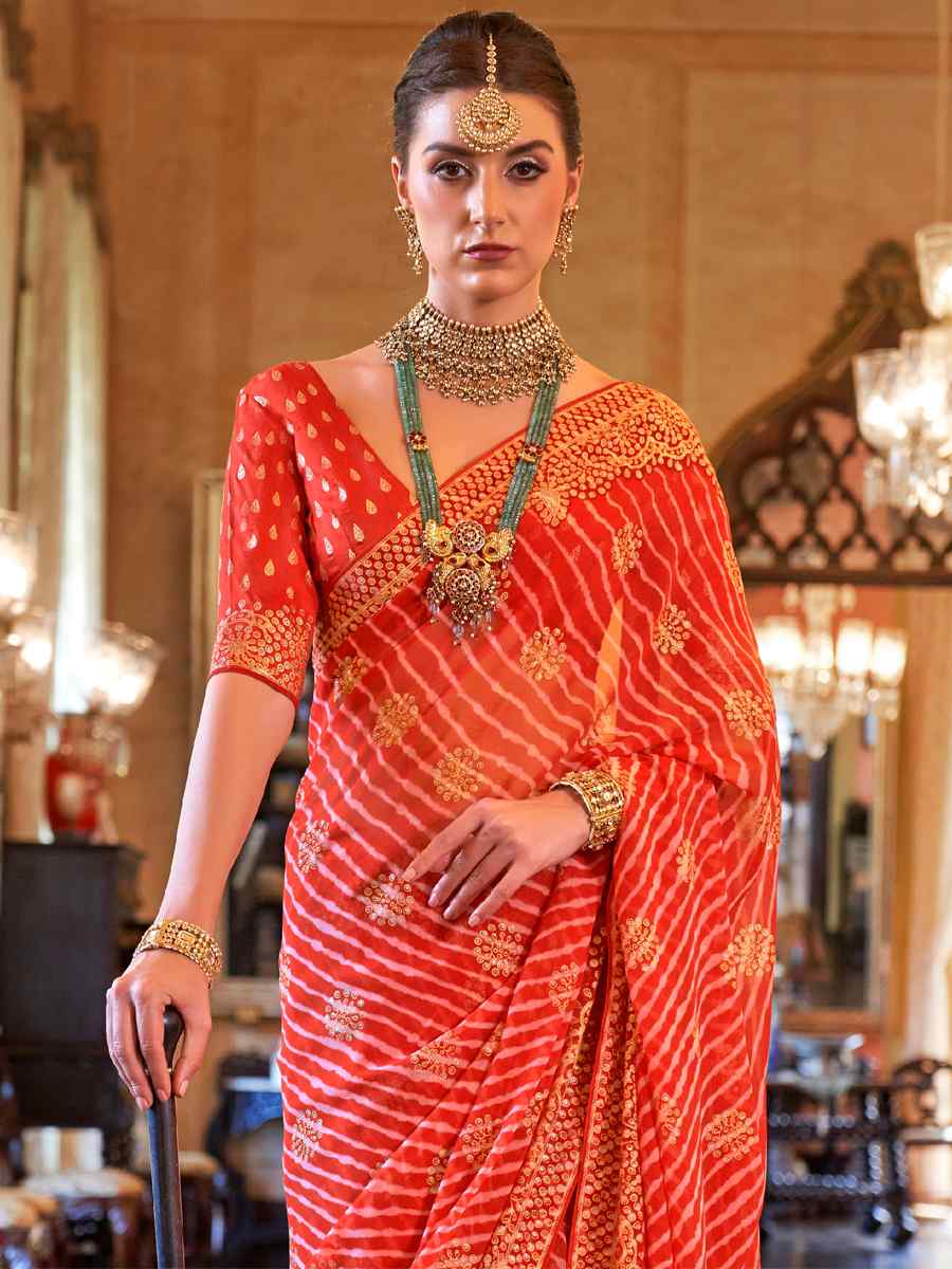 Orange Super Georgette Handwoven Party Festival Heavy Border Saree