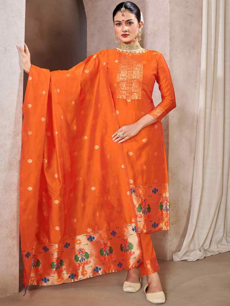 Orange Tapeta Silk Embroidered Casual Festival Pant Salwar Kameez