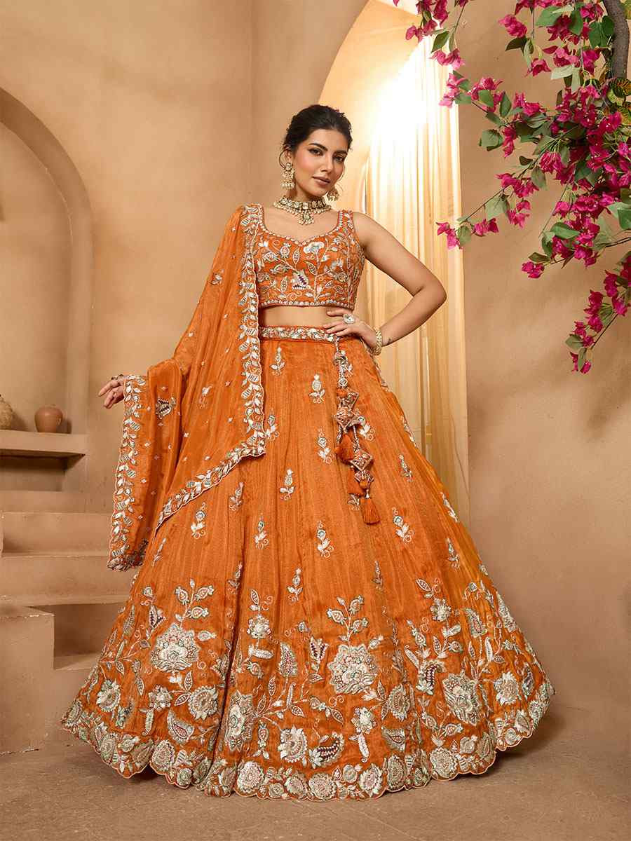 Orange Tissue Embroidered Wedding Reception Festival Heavy Border Lehenga Choli