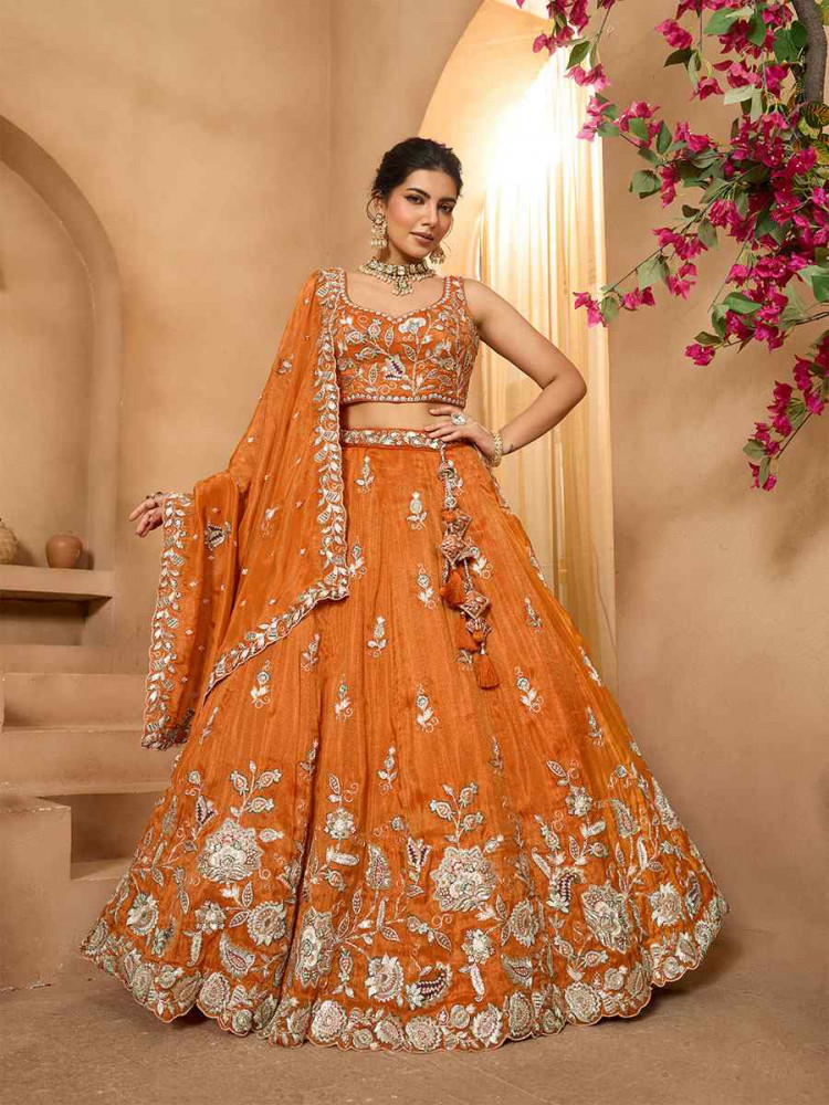 Image of Orange Tissue Embroidered Wedding Reception Festival Heavy Border Lehenga Choli