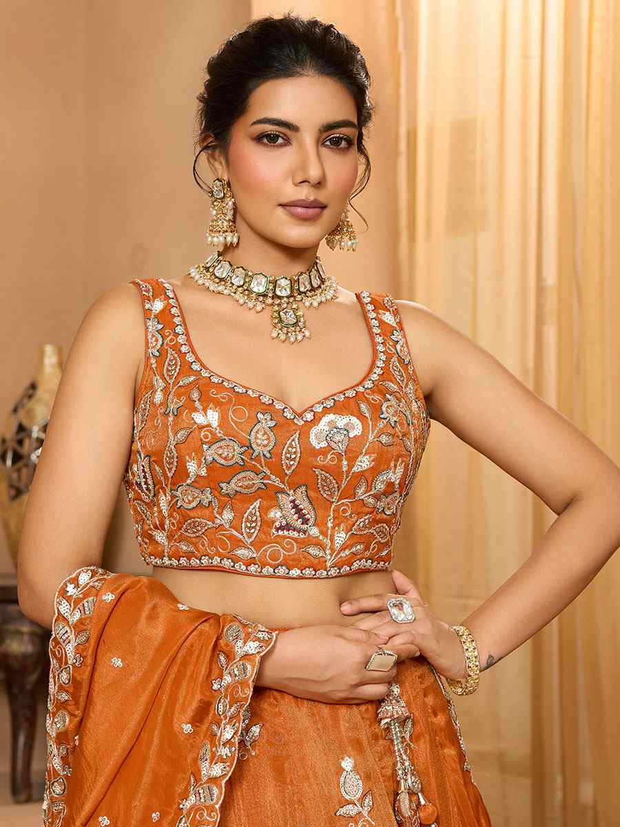 Orange Tissue Embroidered Wedding Reception Festival Heavy Border Lehenga Choli