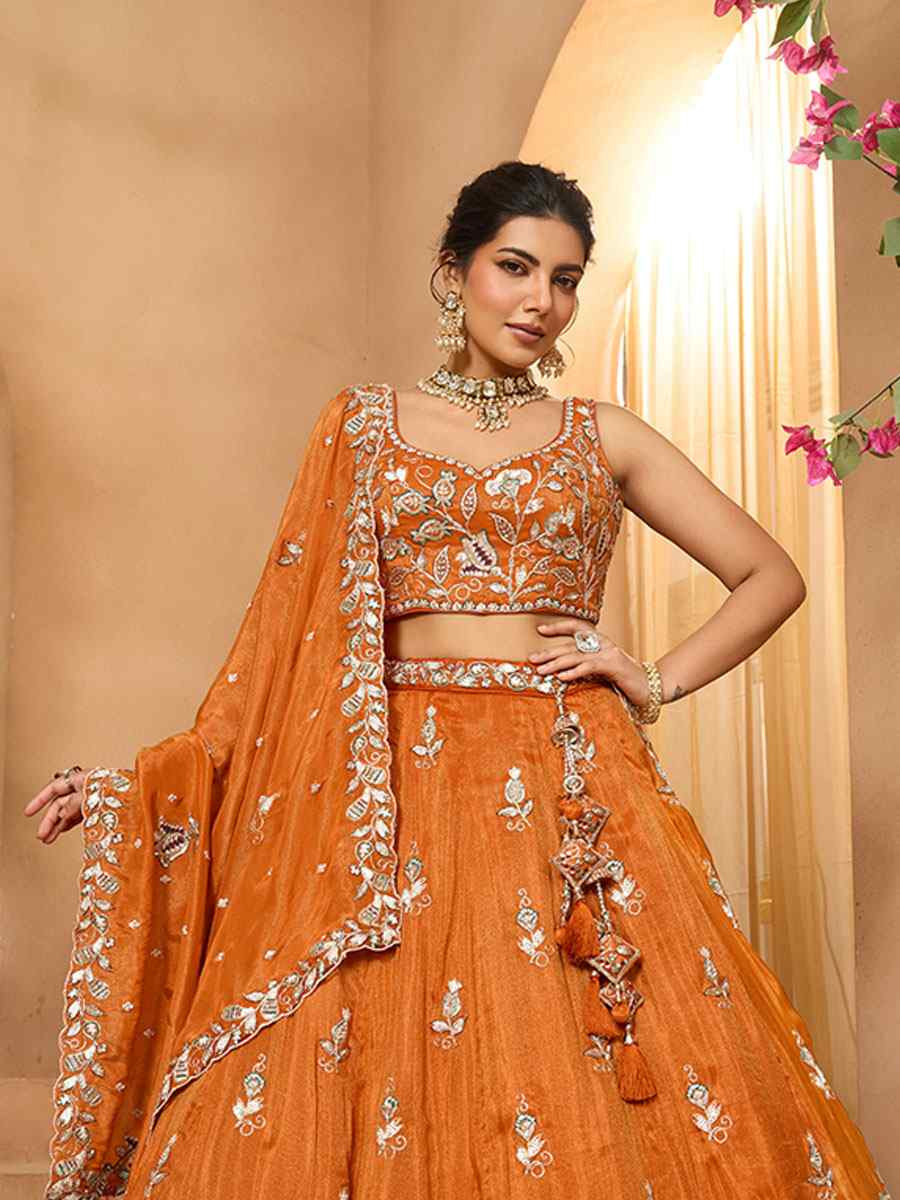 Orange Tissue Embroidered Wedding Reception Festival Heavy Border Lehenga Choli