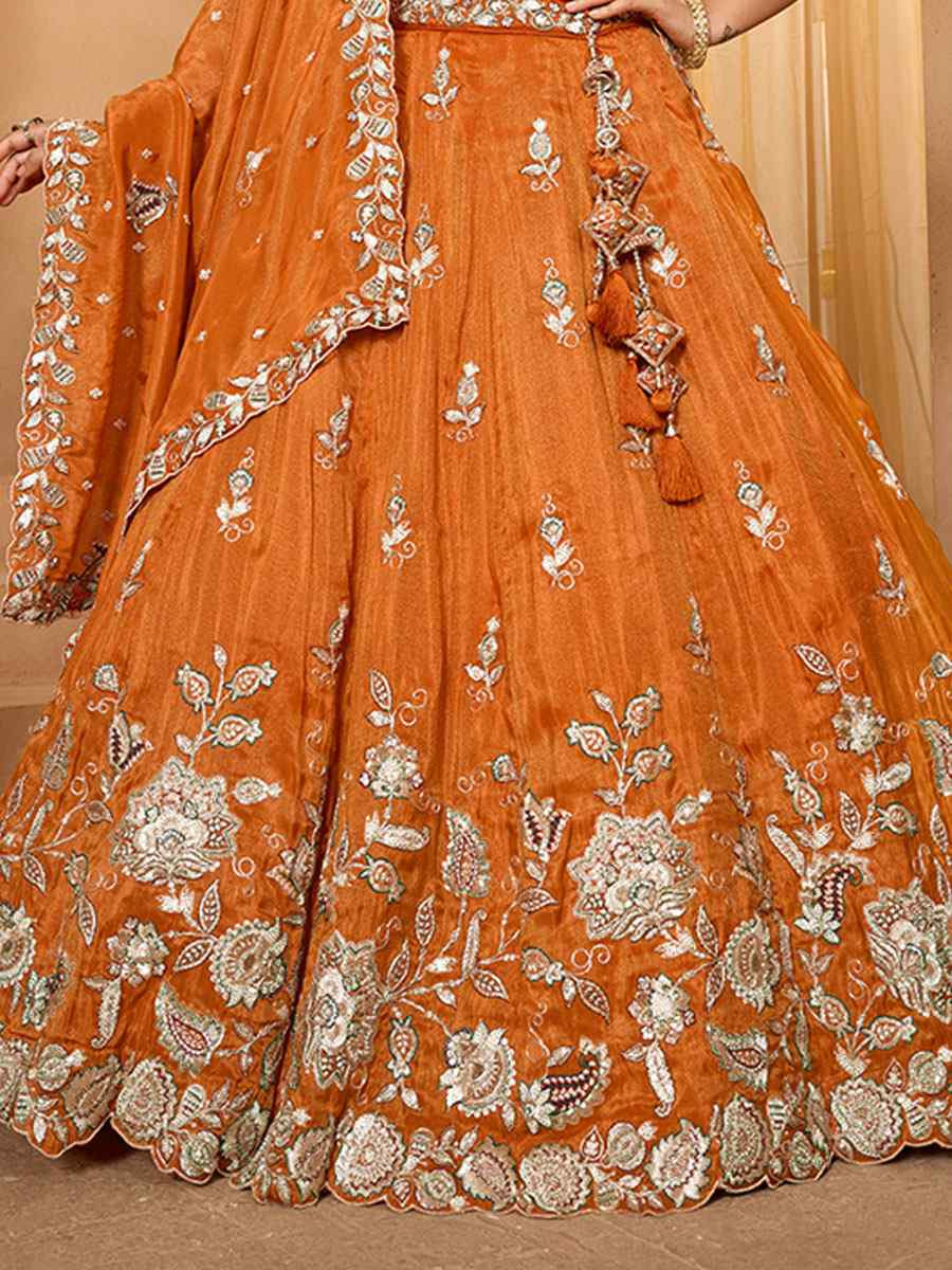 Orange Tissue Embroidered Wedding Reception Festival Heavy Border Lehenga Choli
