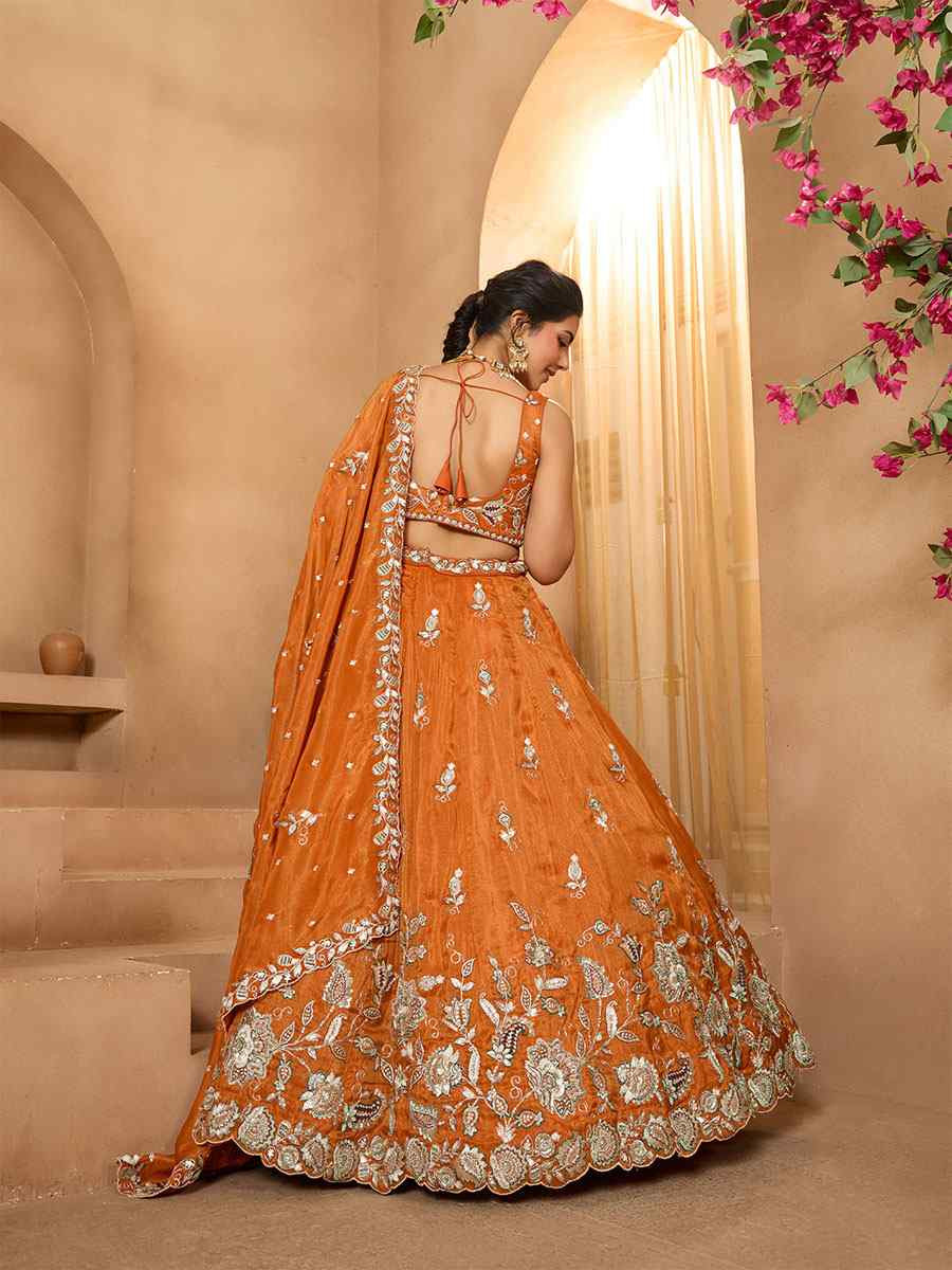Orange Tissue Embroidered Wedding Reception Festival Heavy Border Lehenga Choli