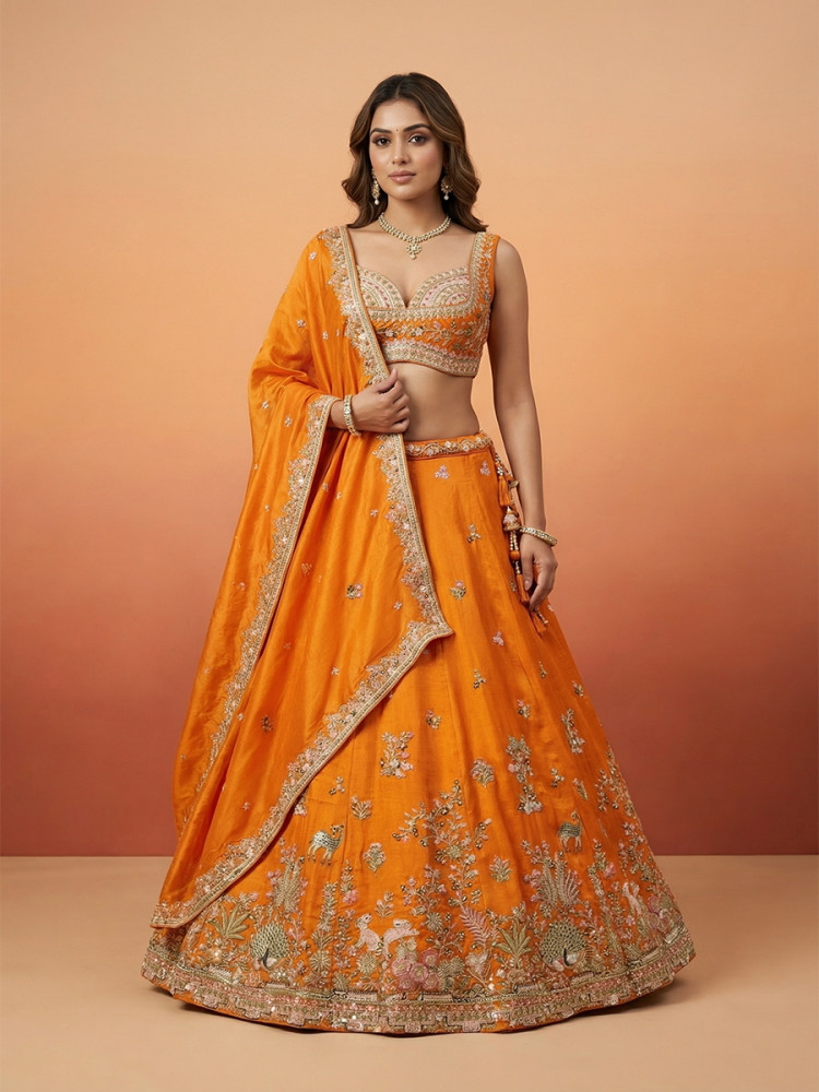 Image of Orange Tissue Embroidery Wedding Reception Party Festival Heavy Border Lehenga Choli