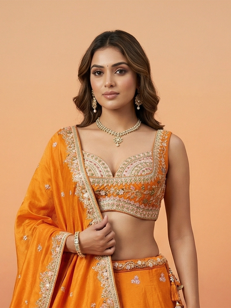 Orange Tissue Embroidery Wedding Reception Party Festival Heavy Border Lehenga Choli