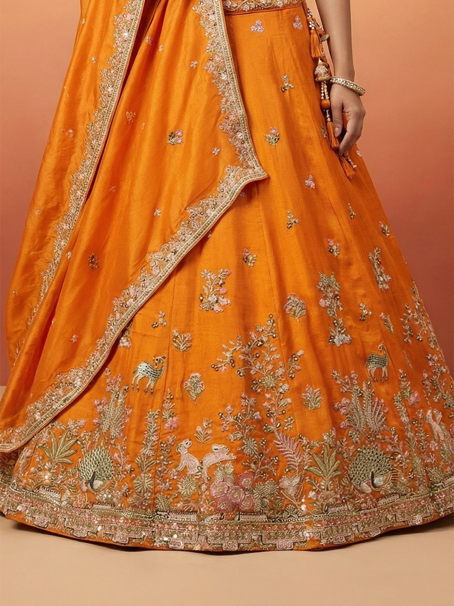 Orange Tissue Embroidery Wedding Reception Party Festival Heavy Border Lehenga Choli