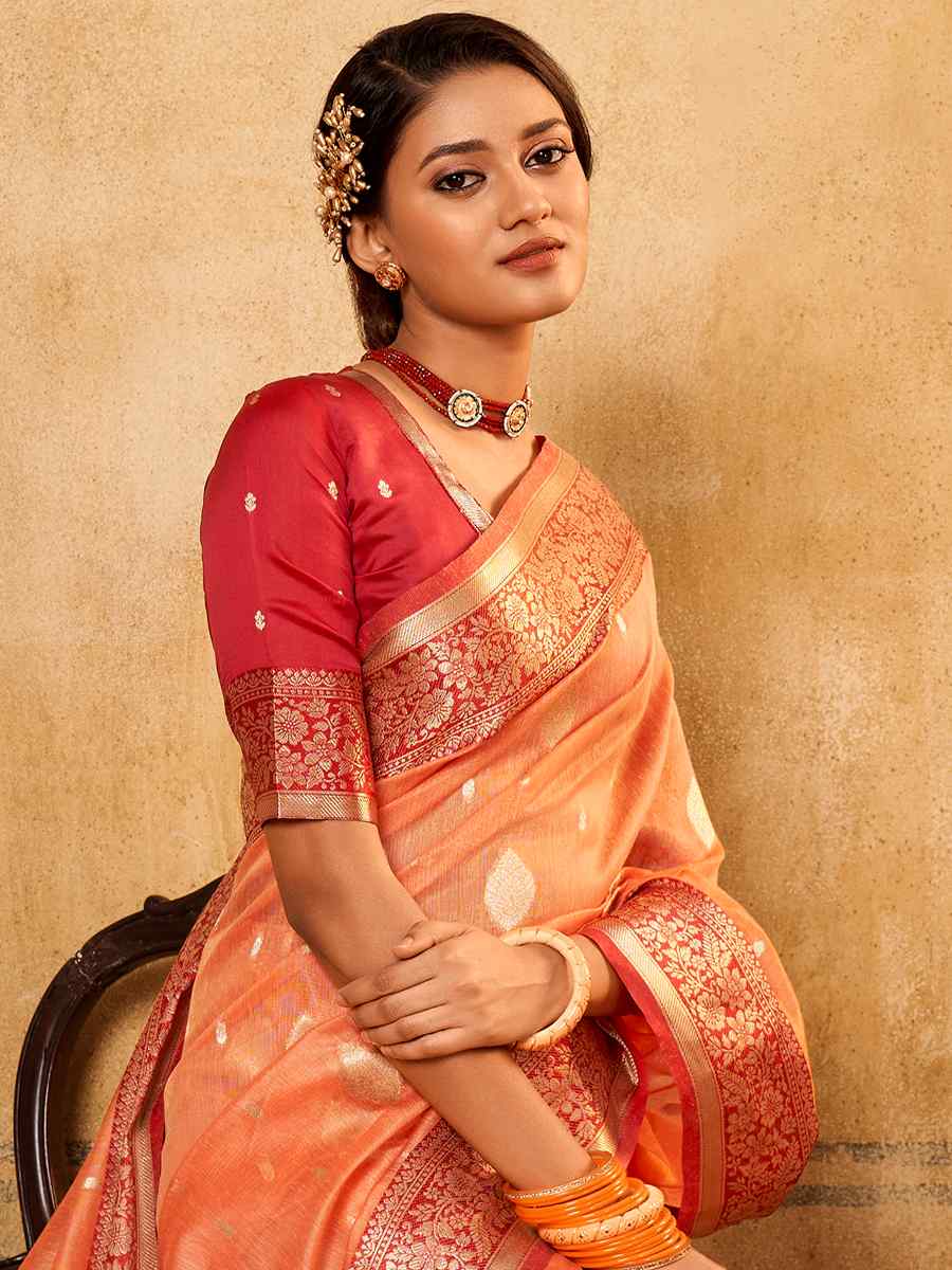Orange Tissue Handwoven Wedding Festival Heavy Border Saree