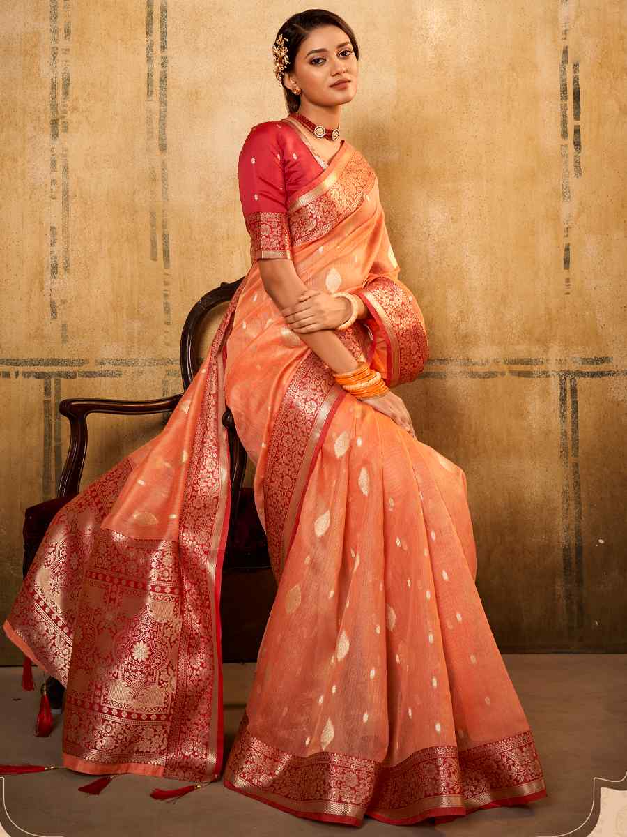 Orange Tissue Handwoven Wedding Festival Heavy Border Saree