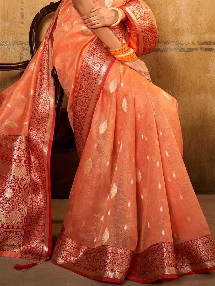 Orange Tissue Handwoven Wedding Festival Heavy Border Saree