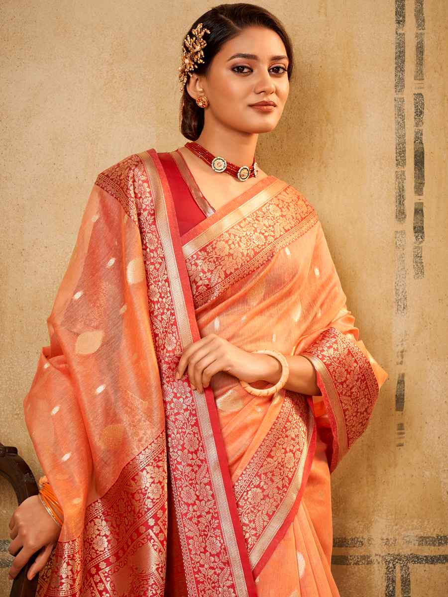 Orange Tissue Handwoven Wedding Festival Heavy Border Saree