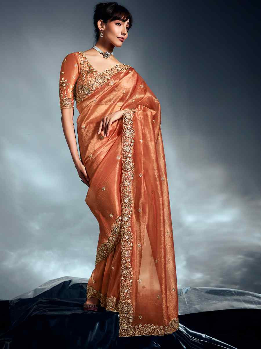 Orange Tissue Organza Silk Embroidery Bridal Cocktail Party Reception Wedding Wear Heavy Border Sarees