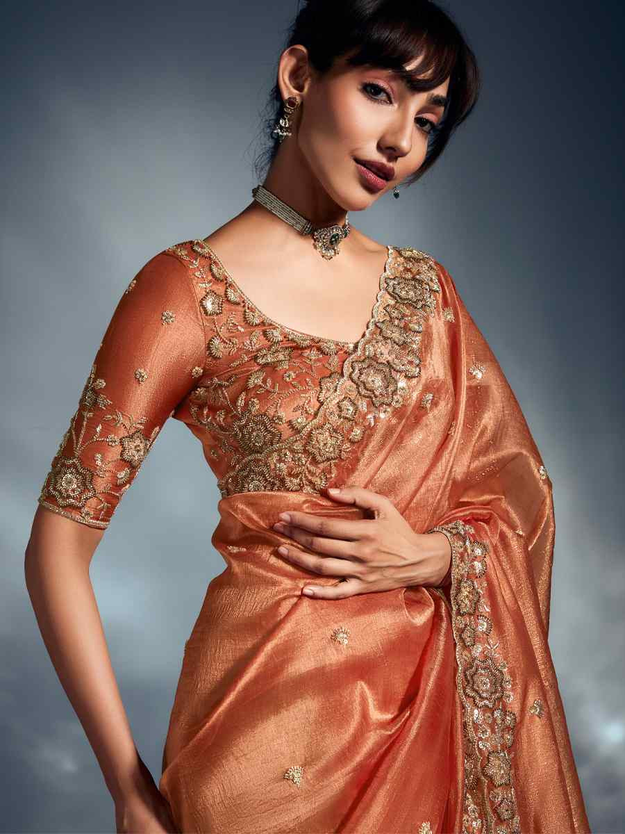 Orange Tissue Organza Silk Embroidery Bridal Cocktail Party Reception Wedding Wear Heavy Border Sarees