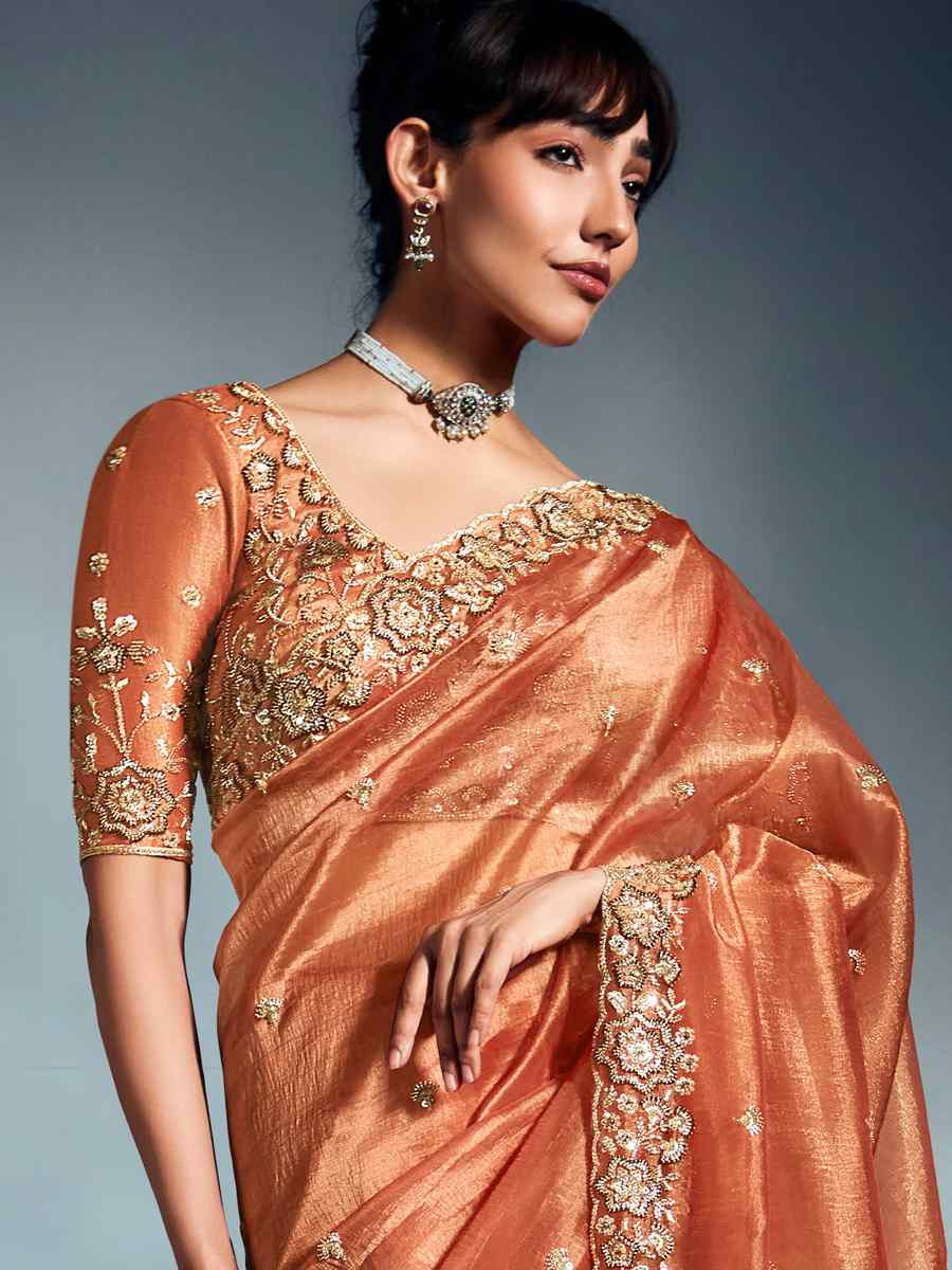 Orange Tissue Organza Silk Embroidery Bridal Cocktail Party Reception Wedding Wear Heavy Border Sarees