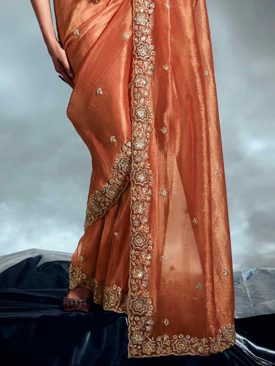 Orange Tissue Organza Silk Embroidery Bridal Cocktail Party Reception Wedding Wear Heavy Border Sarees