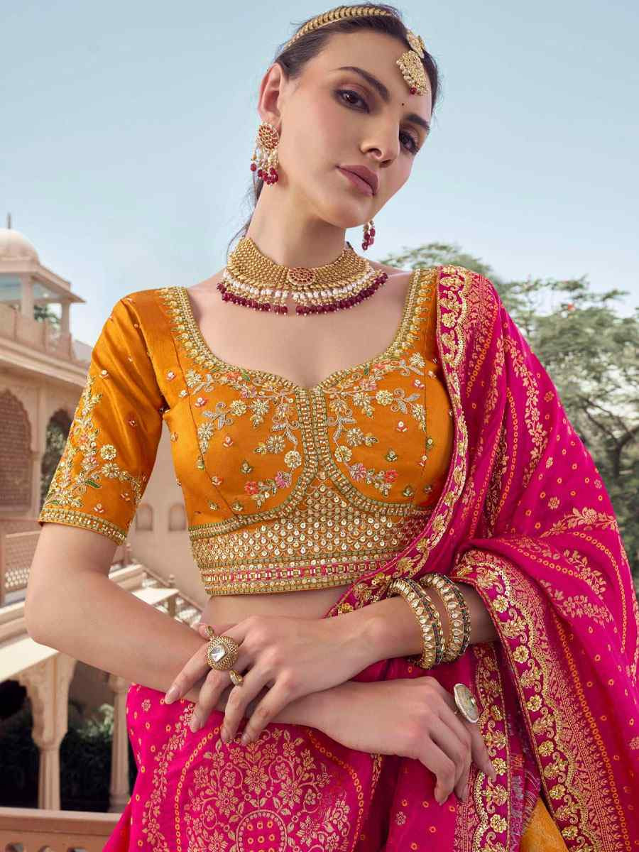 Orange Tissue Silk Embroidered Festival Wedding Party Reception Heavy Border Lehenga Choli