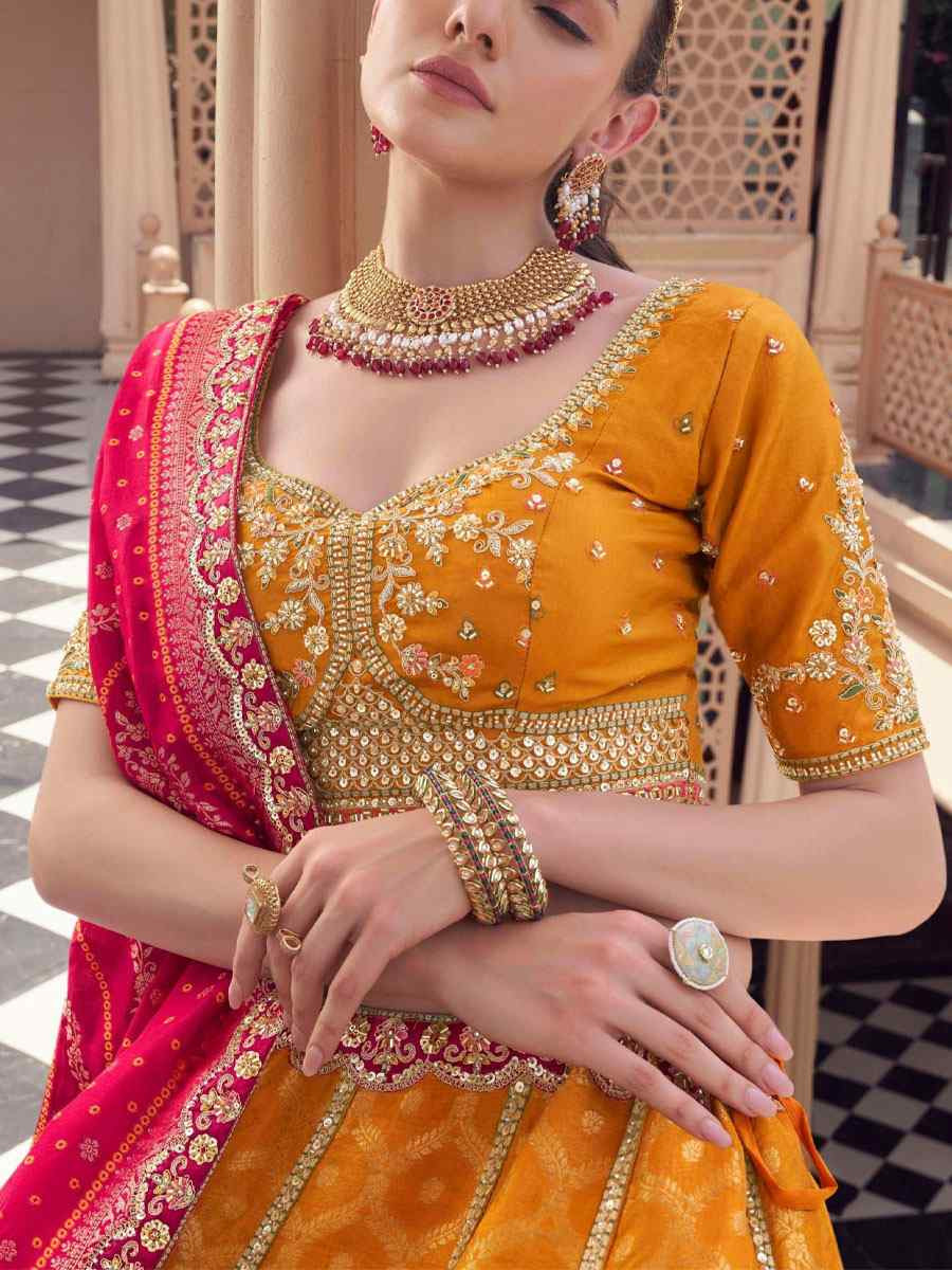 Orange Tissue Silk Embroidered Festival Wedding Party Reception Heavy Border Lehenga Choli