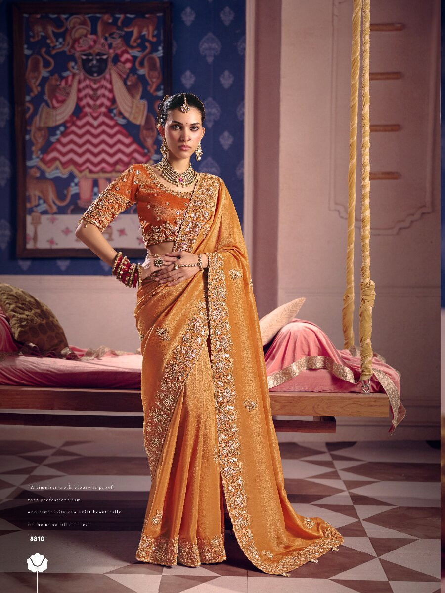 Orange Tissue Silk Embroidery Sequins Zari Wedding Party Festival Casual Heavy Border Sarees