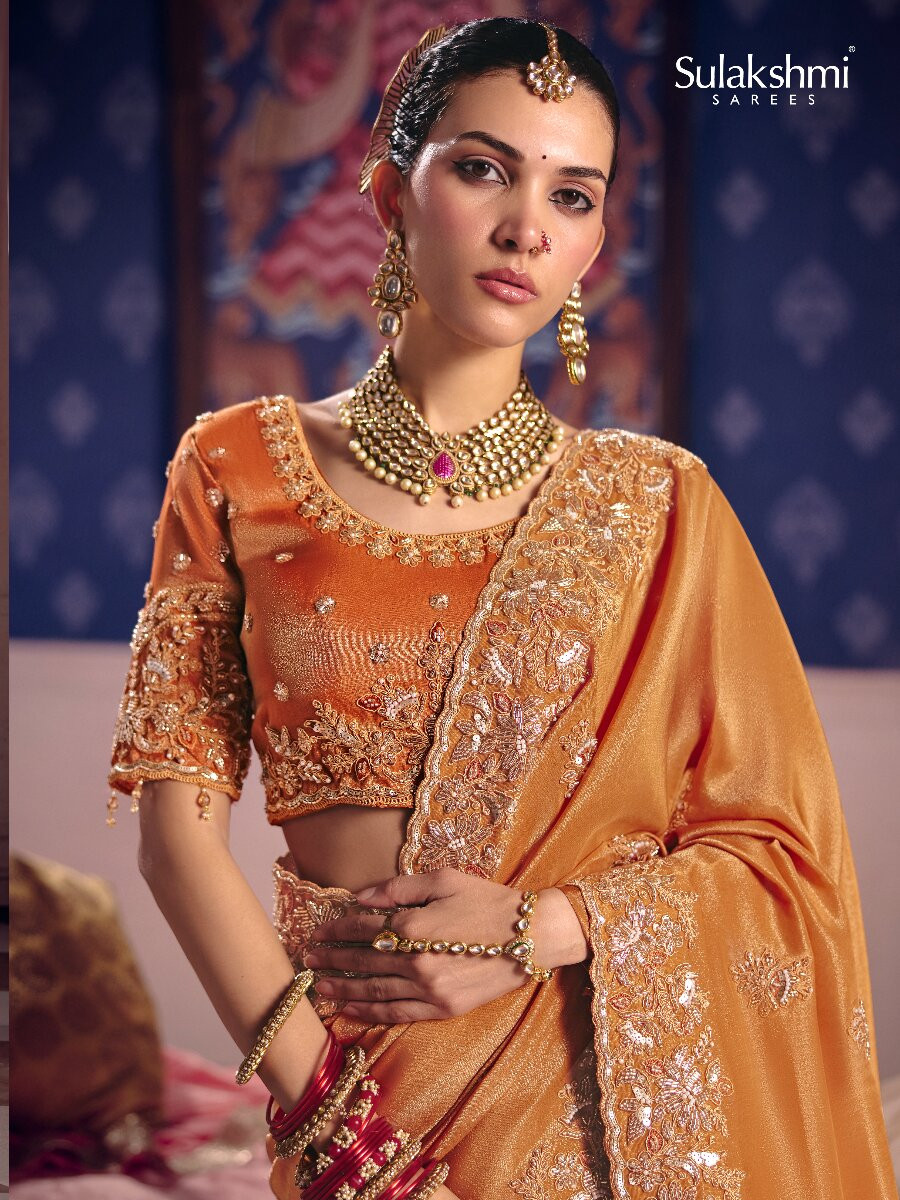 Orange Tissue Silk Embroidery Sequins Zari Wedding Party Festival Casual Heavy Border Sarees