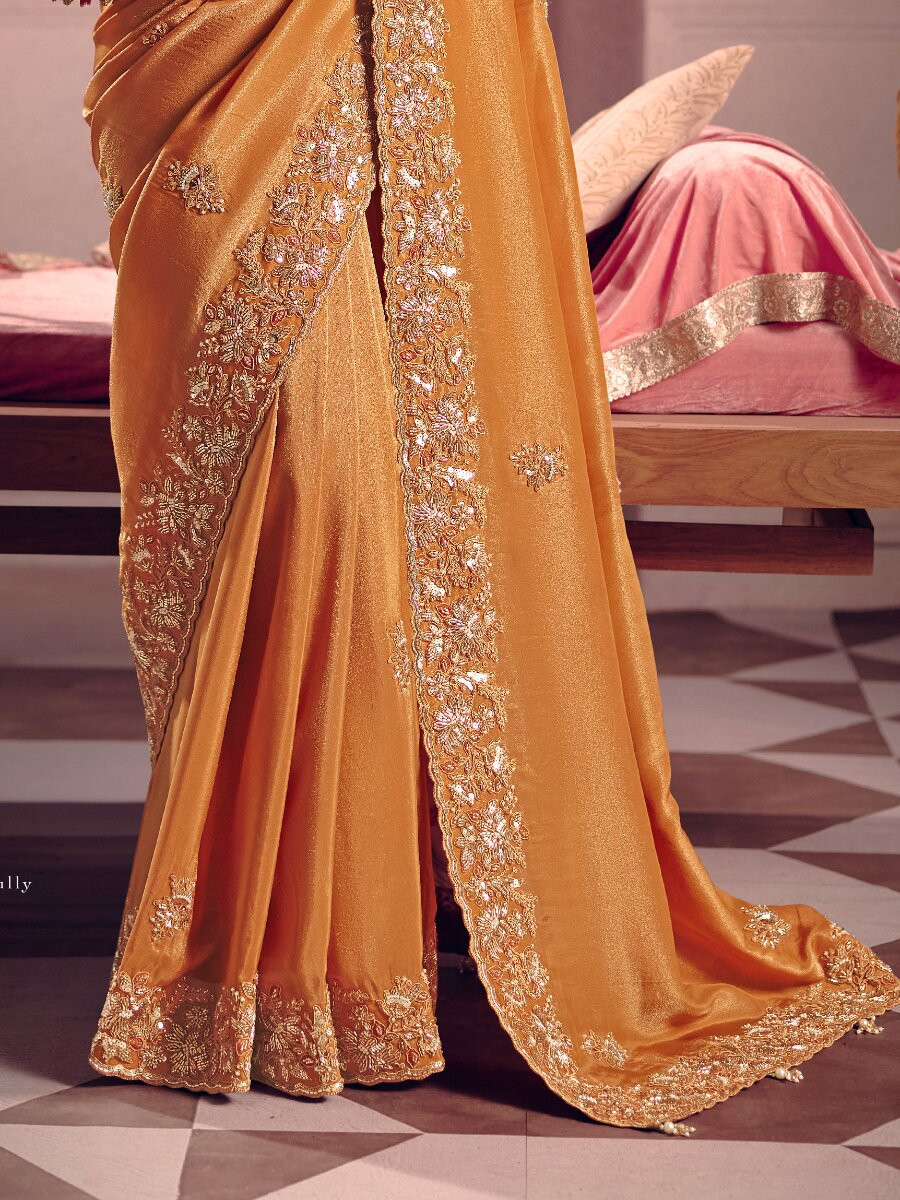 Orange Tissue Silk Embroidery Sequins Zari Wedding Party Festival Casual Heavy Border Sarees